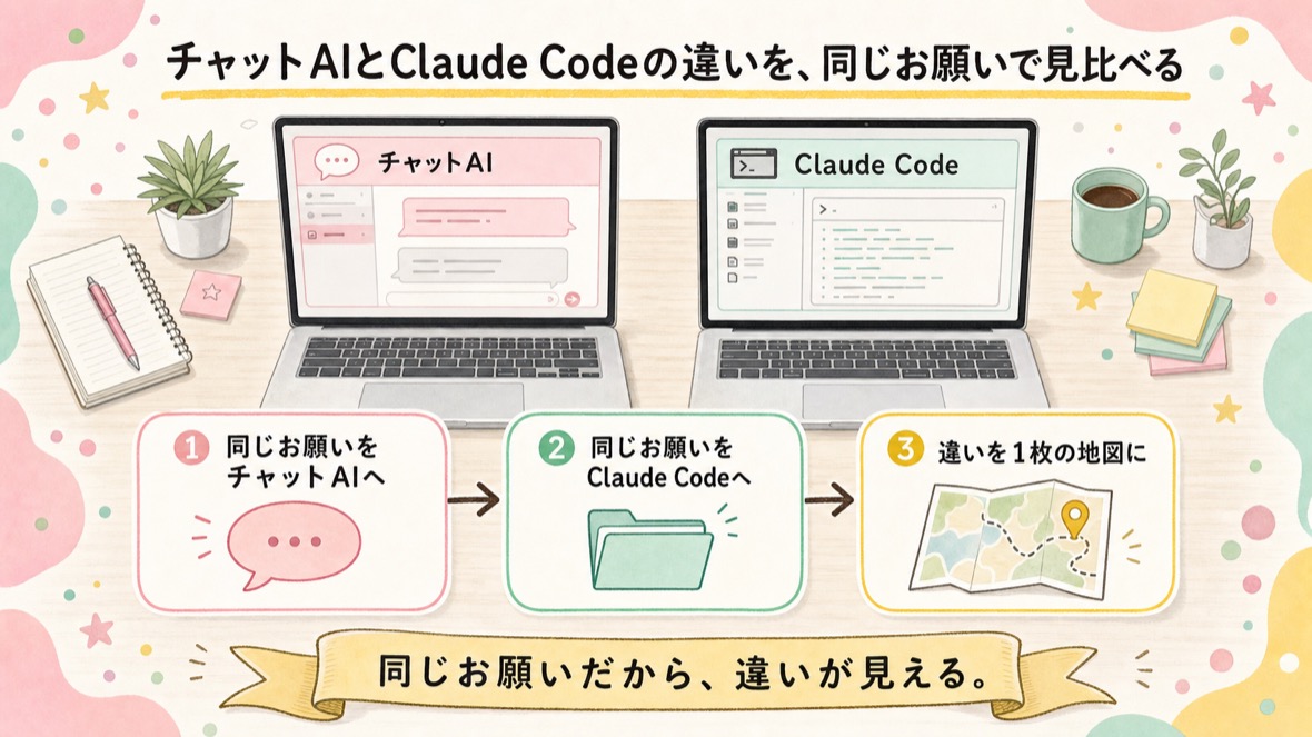 流れ：①同じお願いをチャットAIへ ②同じお願いをClaude Codeへ ③違いを1枚の地図に