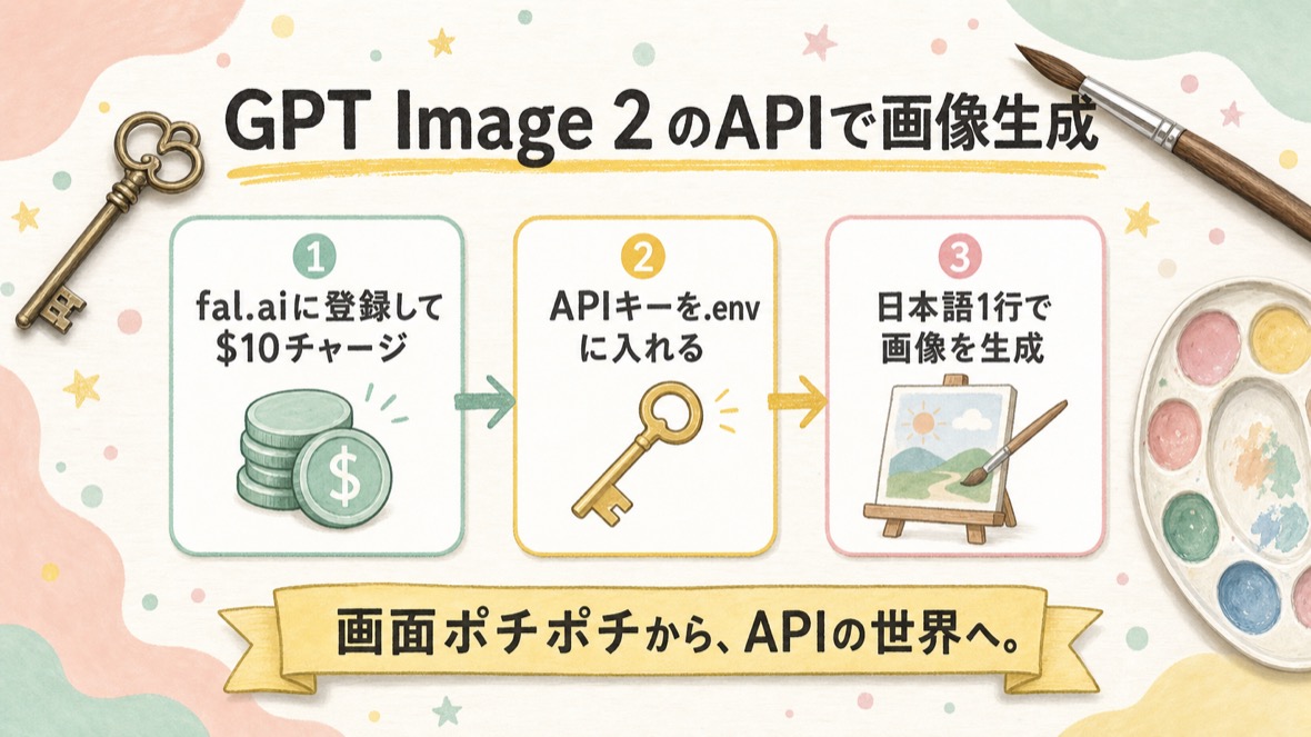 API利用編の流れ：①fal.aiに登録して$10 ②APIキーを渡す ③画像を生成