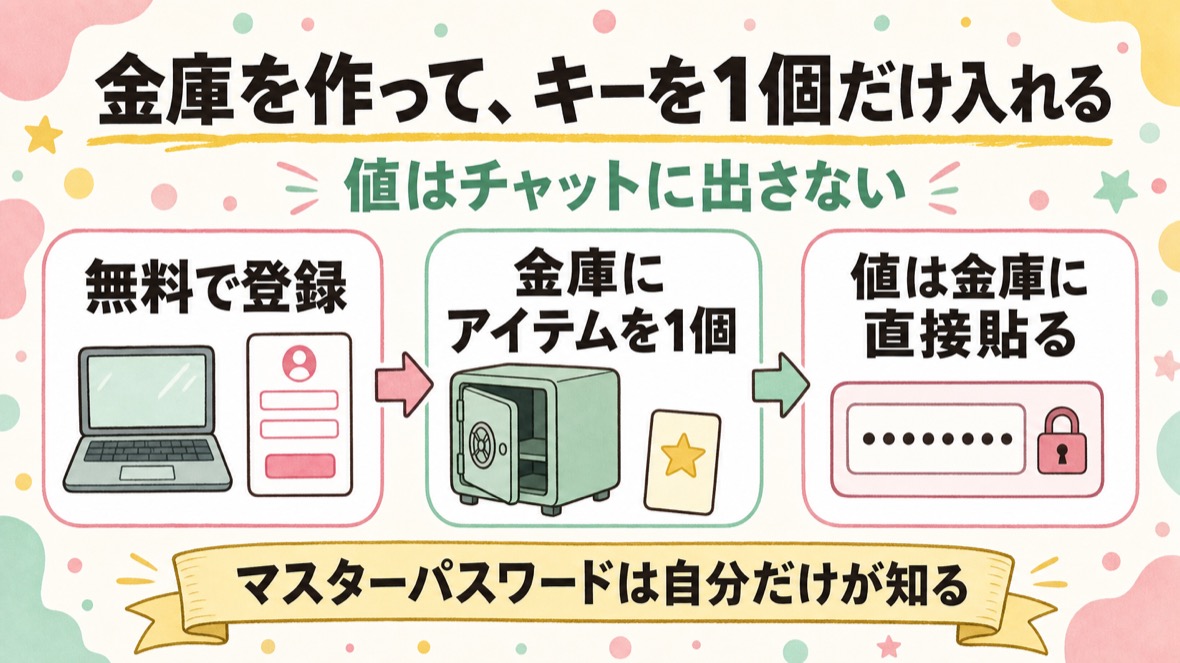 流れ：Bitwardenに無料登録→金庫にアイテムを1個作る→APIキーの値は金庫の画面に直接貼る