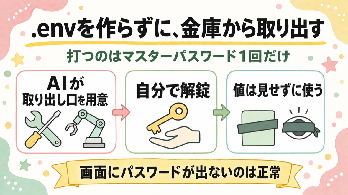 流れ：AIが取り出し口を用意→マスターパスワードだけ自分で打って金庫を解錠→AIが金庫からキーを取り出す（値は画面に出さない）