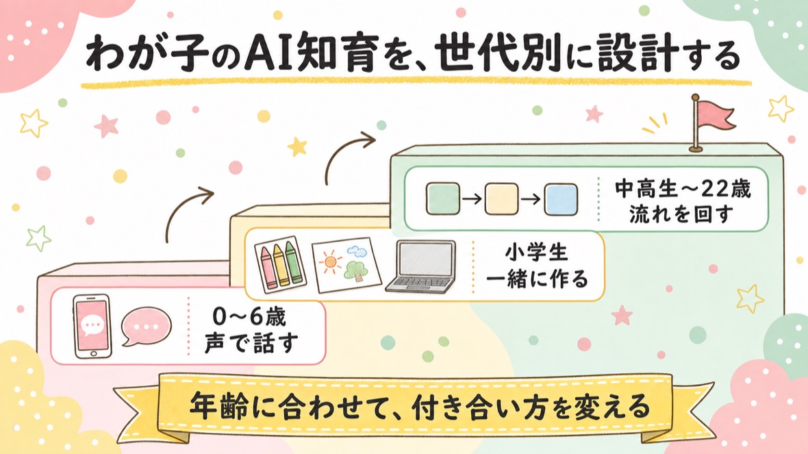 世代の階段：0〜6歳は声で話す、小学生は一緒に作る、中高生〜22歳はAIで仕事の流れを回す