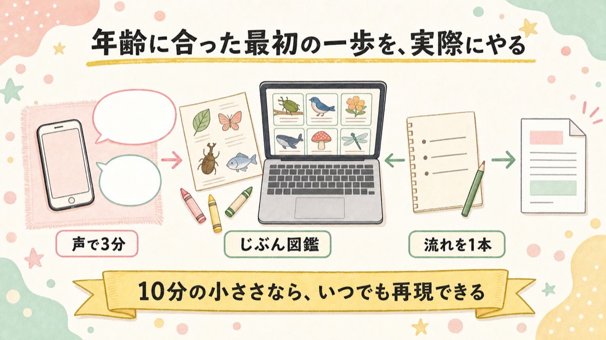 最初の一歩の3つの形：スマホで声の会話、親子で図鑑ページ作り、手順書からAIに指示