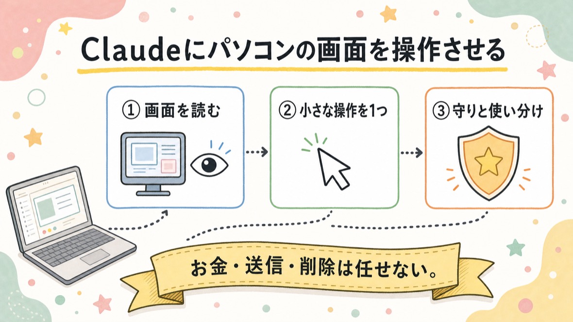 流れ：①設定でONにする ②画面を読ませて、アプリを1つ操作 ③守り（拒否リスト）と使い分け
