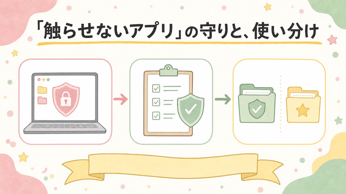 「触らせないアプリ」の守りと、使い分け の流れ図解