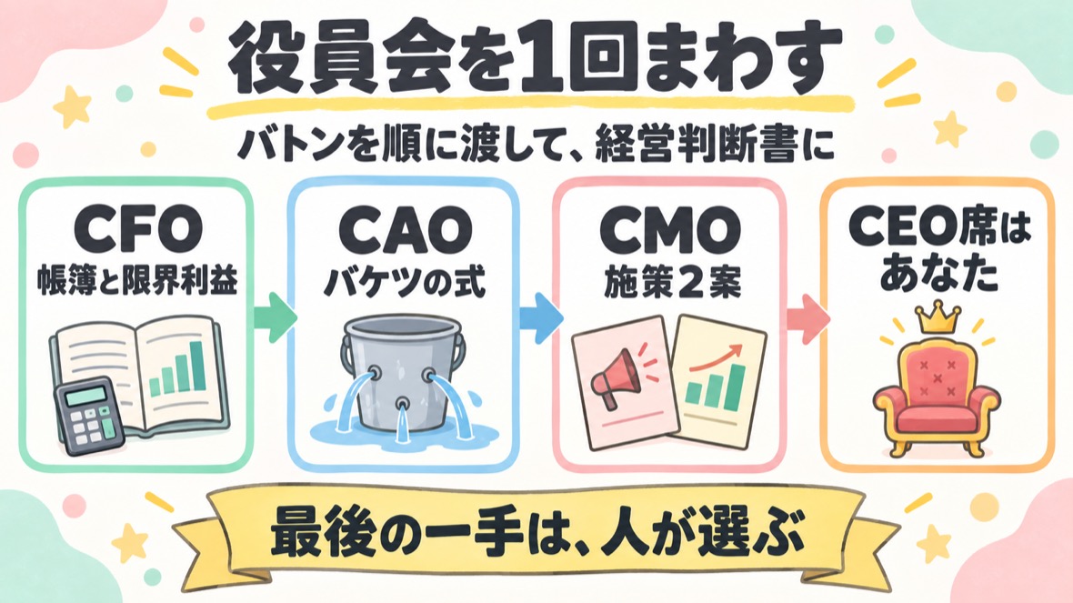役員会を1回まわす の流れ図解：CFO 帳簿と限界利益 → CAO バケツの式 → CMO 施策2案 → CEO席はあなた