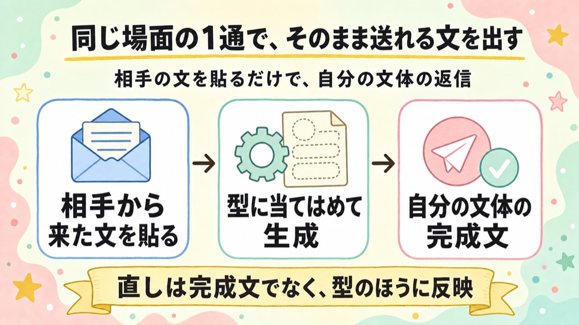 同じ場面の1通を貼って、ルールと型を通した自分の文体の完成文を出す