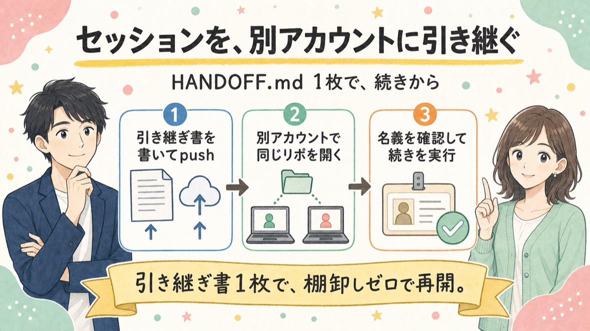 流れ：①引き継ぎ書を書いてpush ②別アカウントで同じリポを開く ③名義を確認して続きを実行