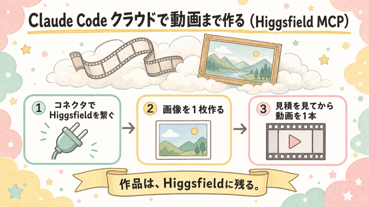 流れ：①MCPを繋ぐ ②画像を作る ③動画を作る。作品はHiggsfieldに残る
