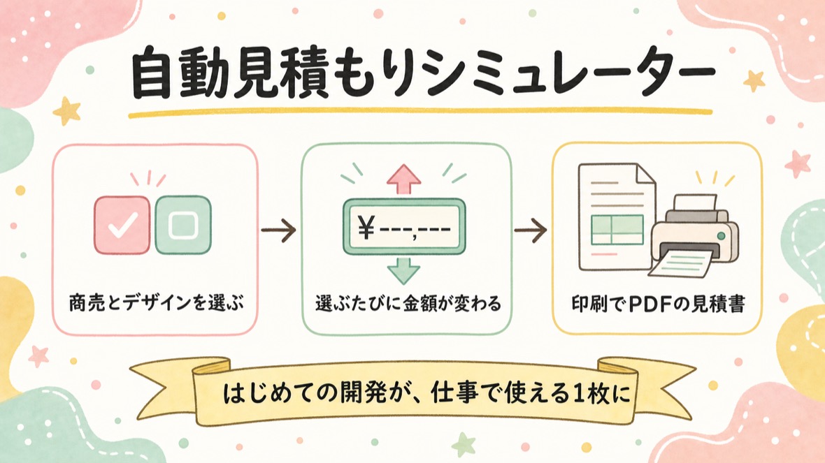 自動見積もりシミュレーターの図解スライド：商売とデザインを選ぶだけで金額が変わる見積書ができる