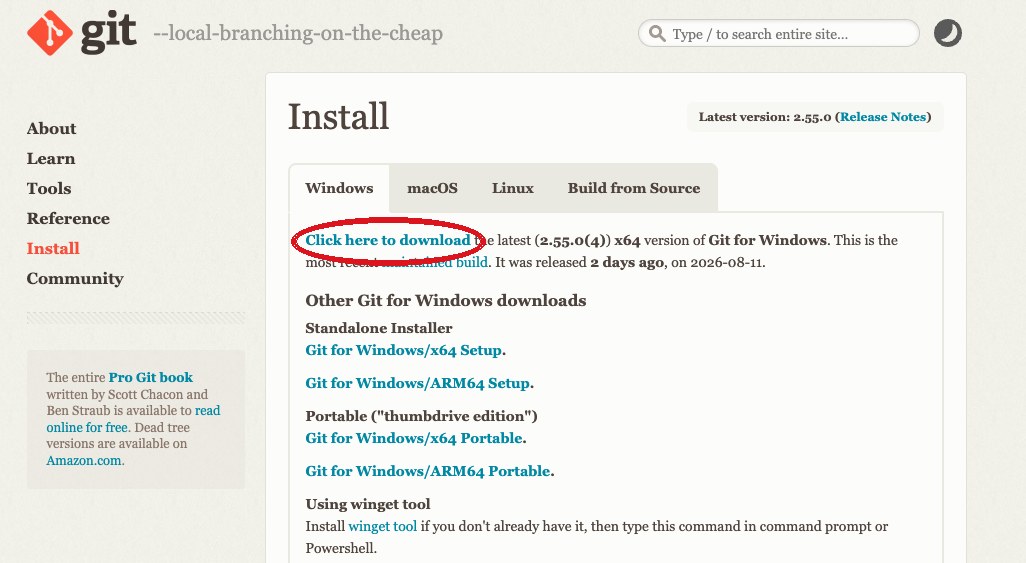 git-scm.com のInstallページ(Windowsタブ)。左上の「Click here to download」リンクを赤丸で示した画面。