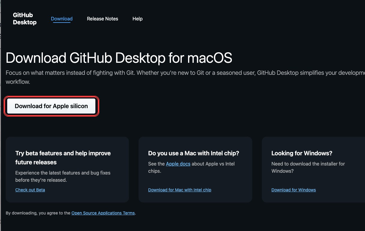 GitHub Desktop のダウンロードページ。「Download for Apple silicon」ボタン(赤枠)を押す。Intel入りMacは下の「Download for Mac with Intel chip」。