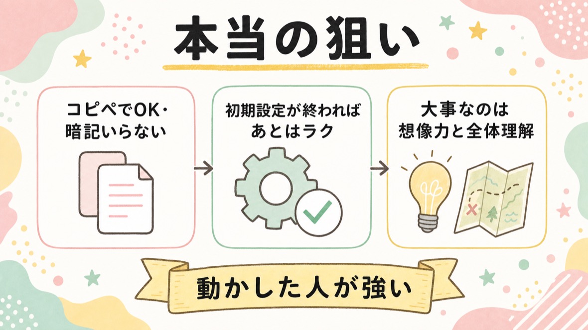課題1-1-1〜1-1-4の本当の狙い：コピペでOK・暗記いらない／初期設定さえ終わればあとは何もない／大事なのは暗記より想像力・全体理解