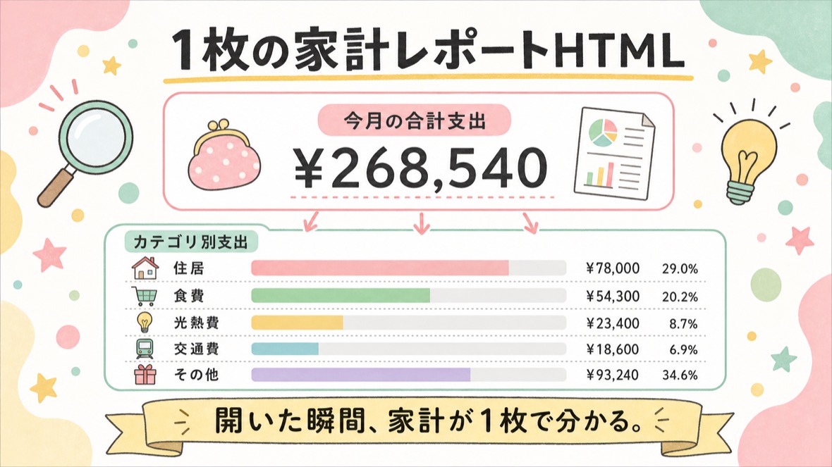 流れ：kakei.mdの記録→合計・カテゴリ別の内訳・気づき1つの1枚レポートHTML