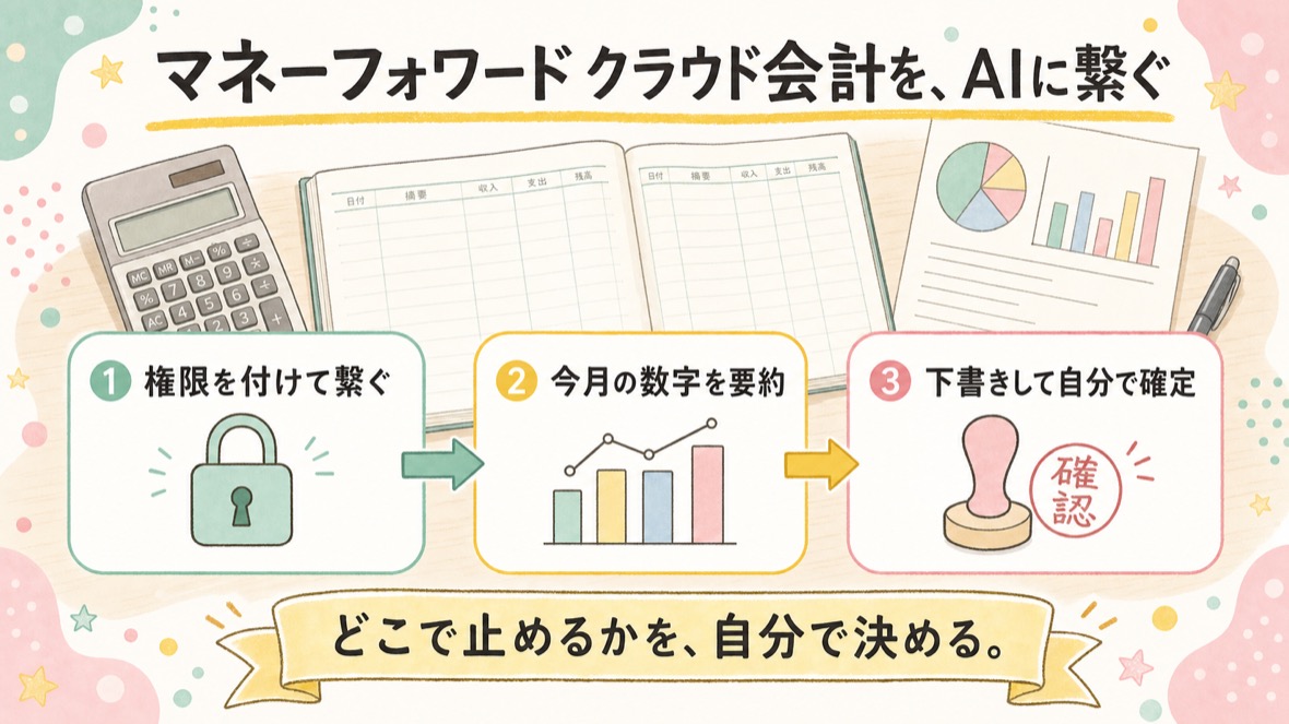 流れ：①権限を付けて公式MCPを繋ぐ ②今月の数字を要約 ③実務を1つ下書きして自分で確定
