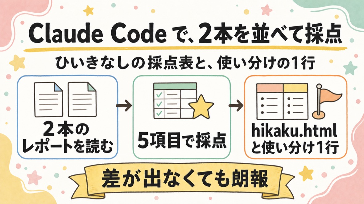 Claude Code の新しいセッションで、2本を並べて採点させる の流れ図解