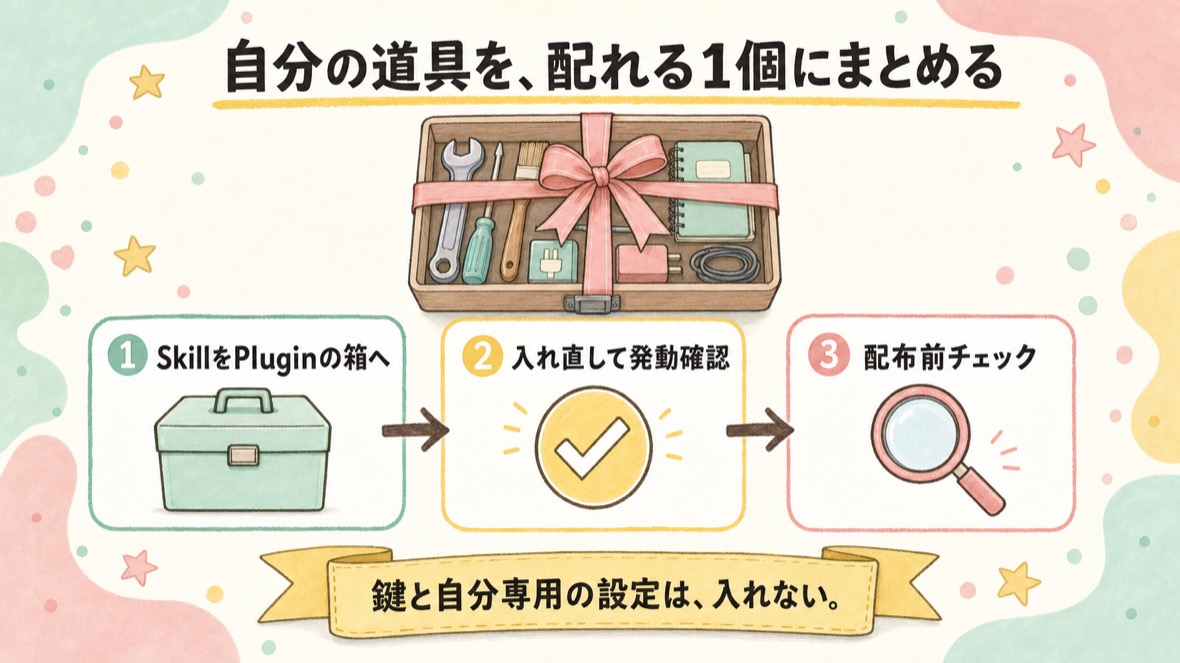 流れ：①自分のSkillをPlugin化 ②入れ直して発動確認 ③配布前チェック