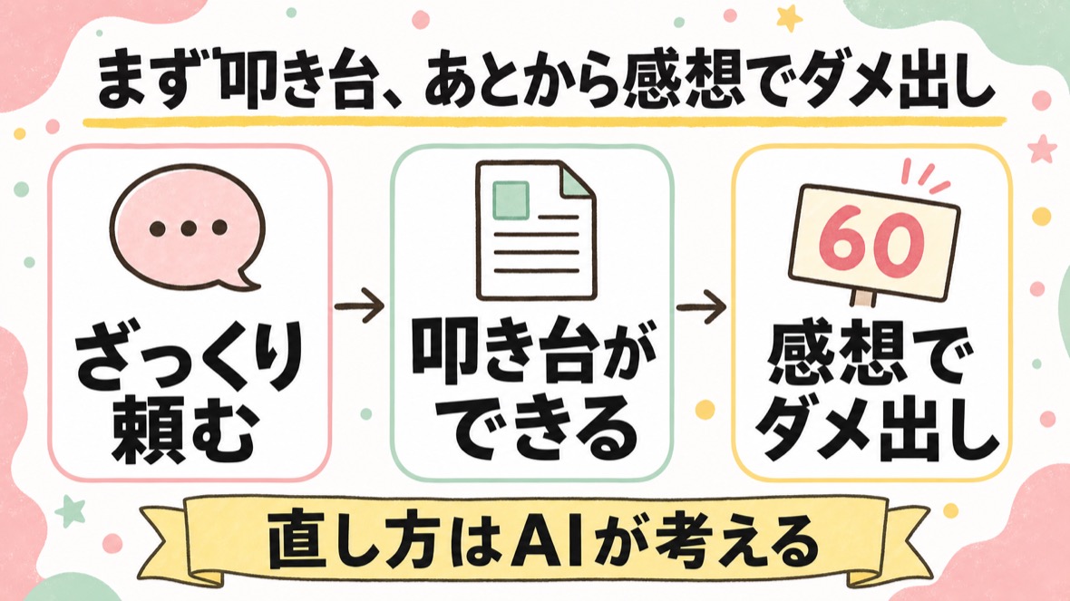 流れ：①ざっくり頼んで叩き台 ②3種類のダメ出しを試す ③見つかった好みをマイルールに保存