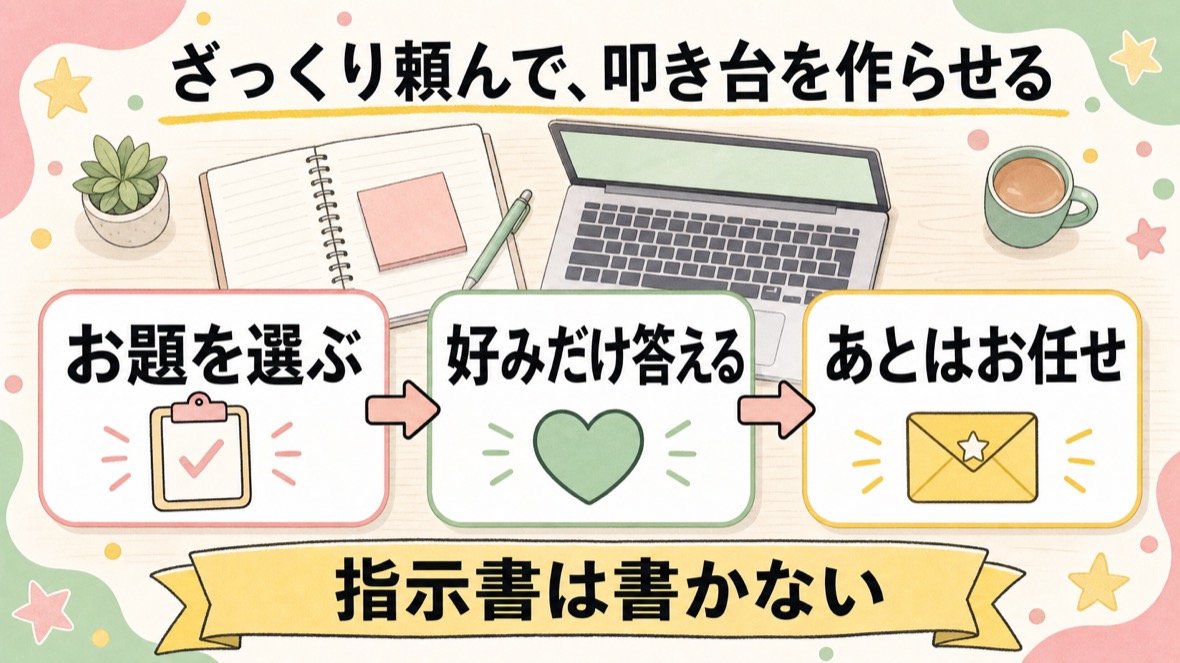 流れ：お題を選ぶ→好みだけ答える→あとはお任せ。指示書は書かない