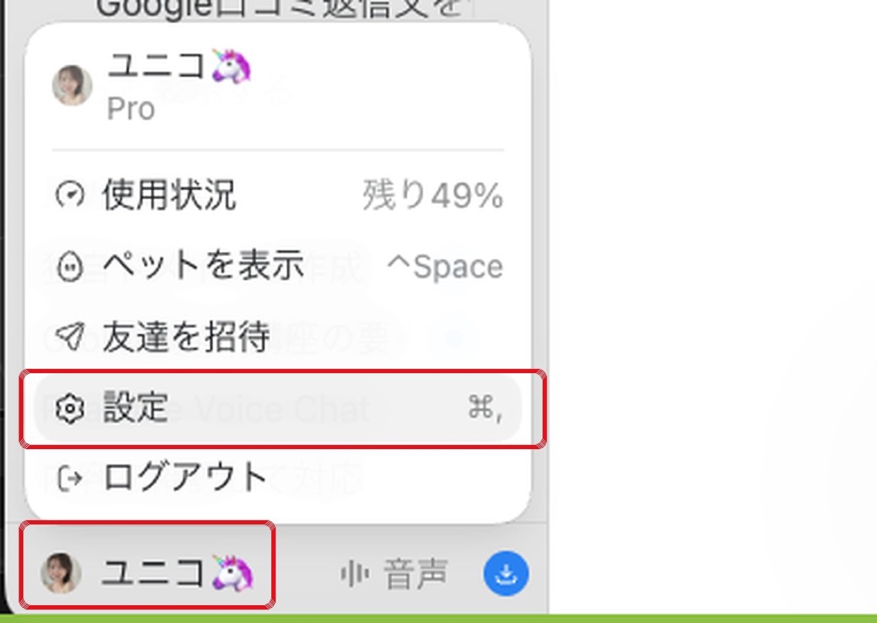 左下の名前 → 設定 のメニュー画面
