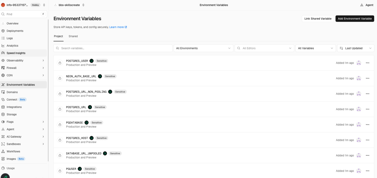 VercelのStorage画面でNeonのデータベースが接続された状態