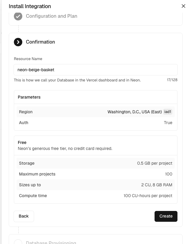 Confirmation画面。データベース名とFreeプランの内容、Createボタン