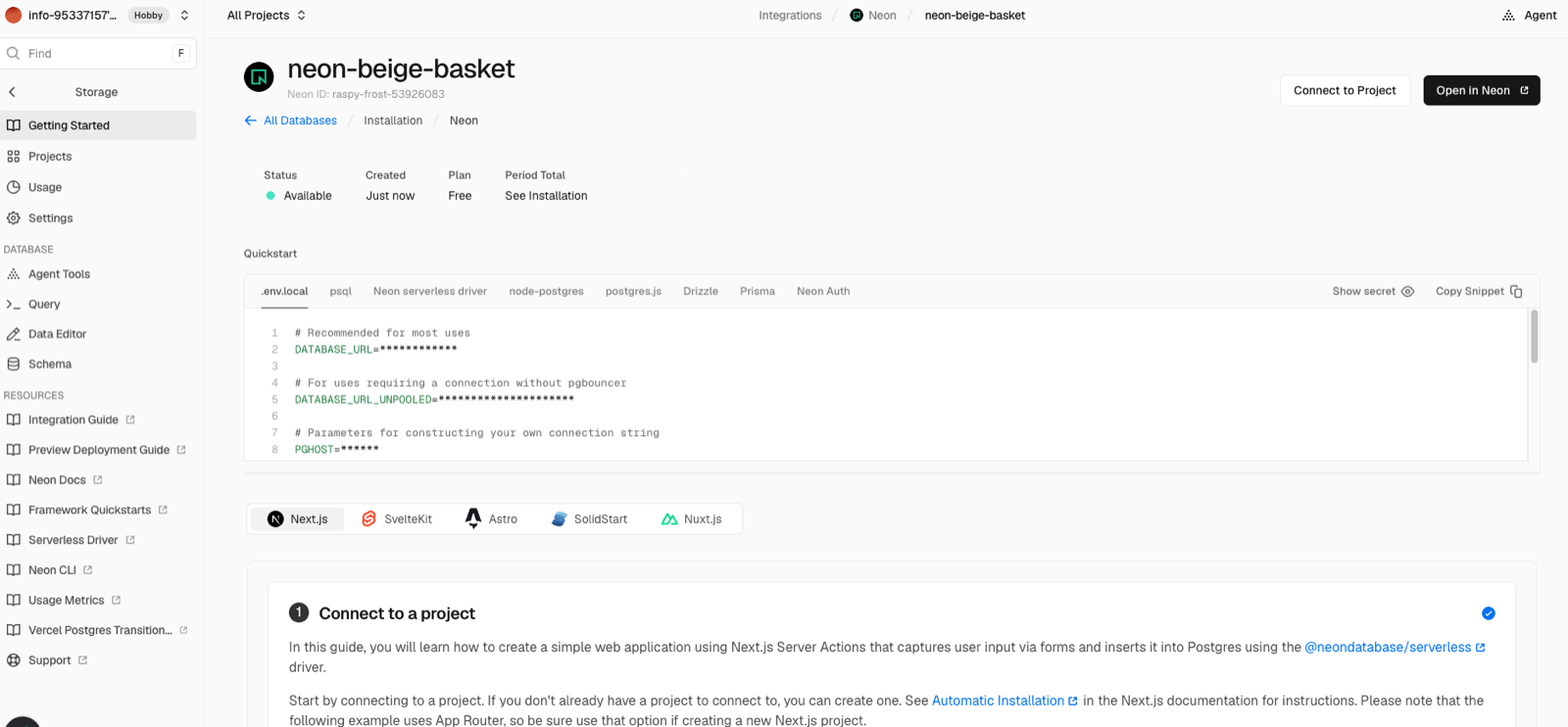 Neonのデータベースができた画面。Status: Available。接続文字列は***で隠れている