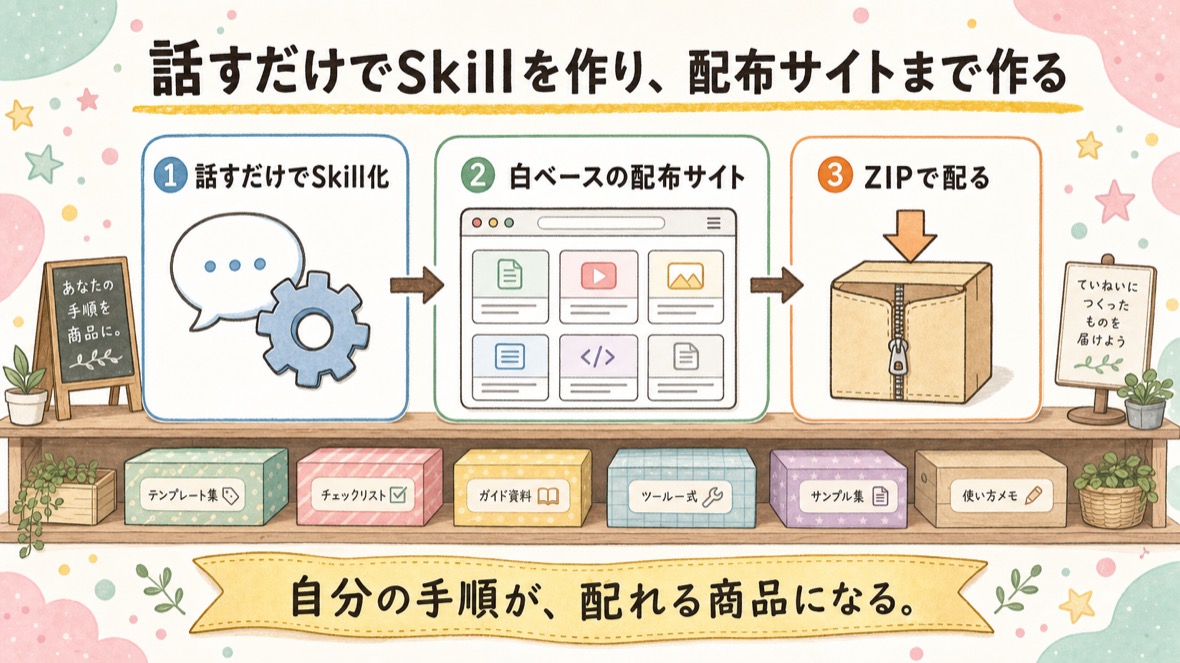 流れ：①話してSkillを2個作る ②DESIGN.md→美学→セクション単位で配布サイト ③ZIPにして配る