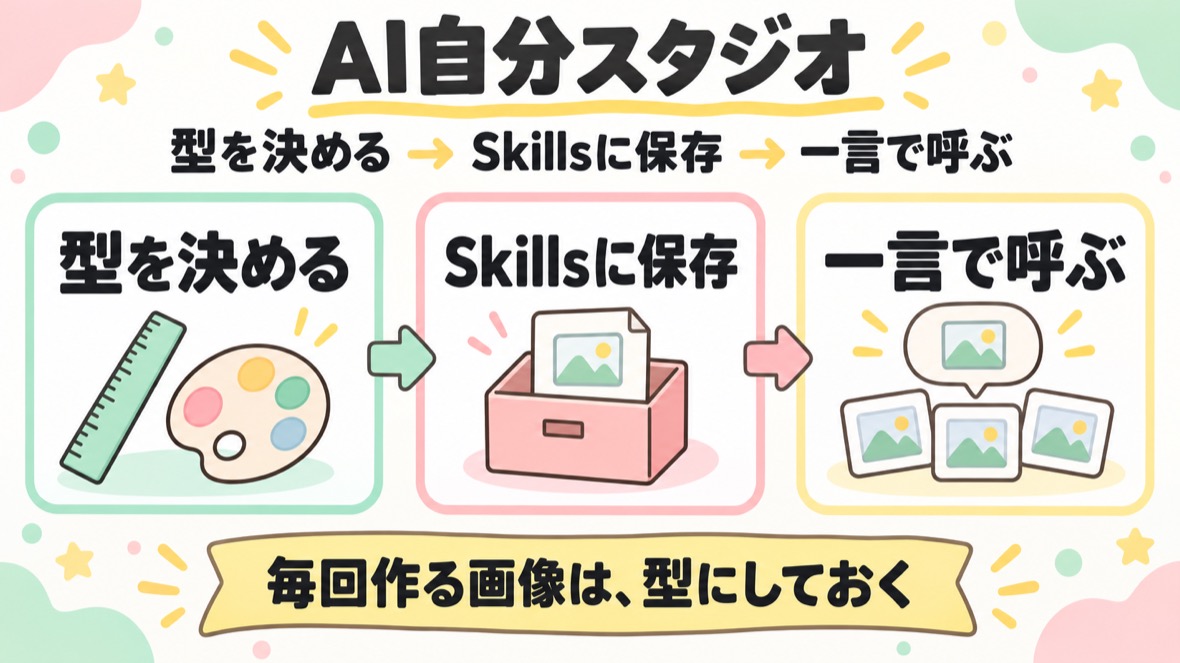 流れ：①画像を選んで型を決める ②Skillsに保存 ③新しいセッションの一言で呼ぶ ④チートシートを公開して渡す