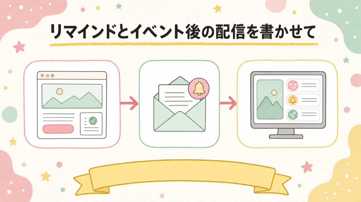 リマインドとイベント後の配信を書かせて、届く予定を1枚のHTMLで見る の流れ図解